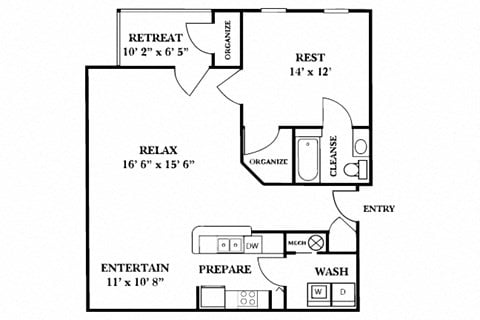 Floor plan for 1 bed, 1 bath, 975 sqft